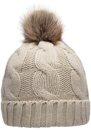 Winter Ribbed Knit Faux Fur Pompom Chunky Lined Beanie Hat
