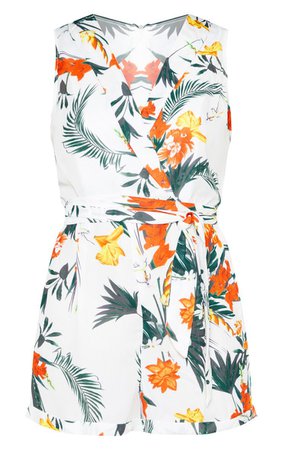 White Tropical Print Collar Detail Playsuit | PrettyLittleThing