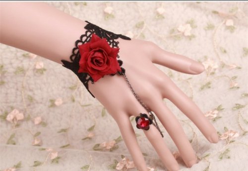 Gothic Red Rose Black Lace Lolita Vintage Bracelet With Red Bead Ring