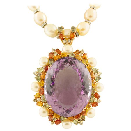 Diamonds Multicolored Sapphires Amethyst White, Light-Pink Pearls Necklace For Sale at 1stDibs