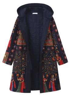 Trendy Women Ethnic Printed Hooded Long Sleeve Winter Coats Online - NewChic