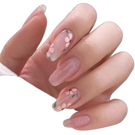Pink Press on Nails Acrylic Square Coffin Fake Nails Glossy Bling False Nails Medium Length Flower Artificial Full Cover Nails Tips for Women and Girls 24Pcs