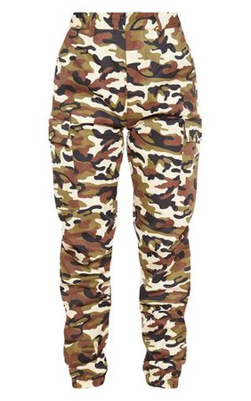 Stone Camo Print Cargo Trousers | Trousers | PrettyLittleThing