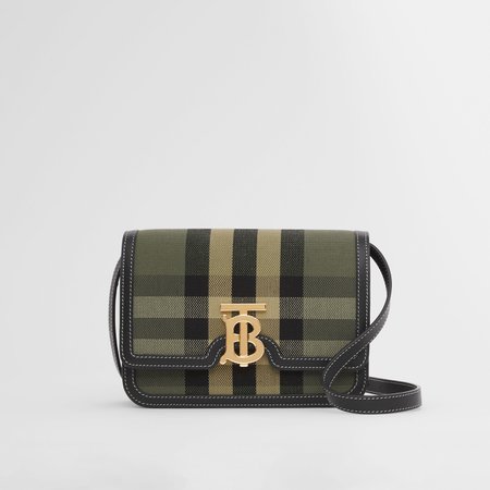Small Check Canvas and Leather TB Bag in Military Green - Women | Burberry