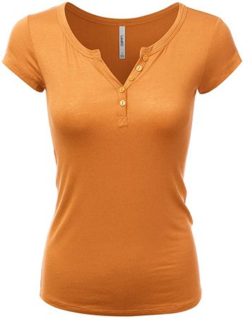 LALABEE Women's Deep V-Neck Short Sleeve Basic Henley Button T-Shirt for Women-Carrot-S at Amazon Women’s Clothing store