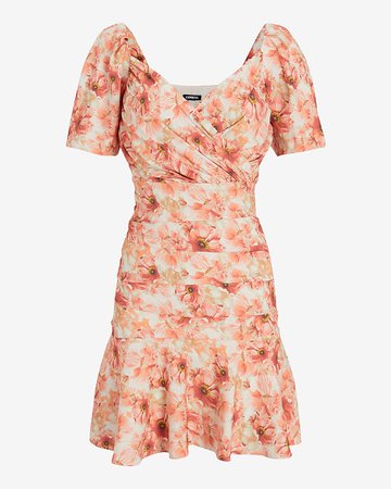 Satin Floral Print Ruched Mini Dress | Express
