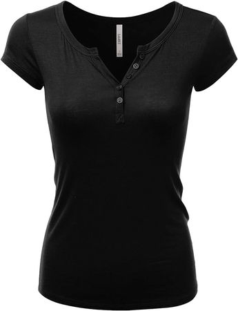 LALABEE Women's Deep V-Neck Short Sleeve Basic Henley Button T-Shirt for Women-Black-XL at Amazon Women’s Clothing store