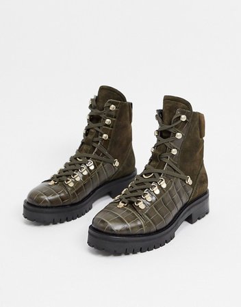 AllSaints franka leather and suede mix biker boots in khaki croc | ASOS
