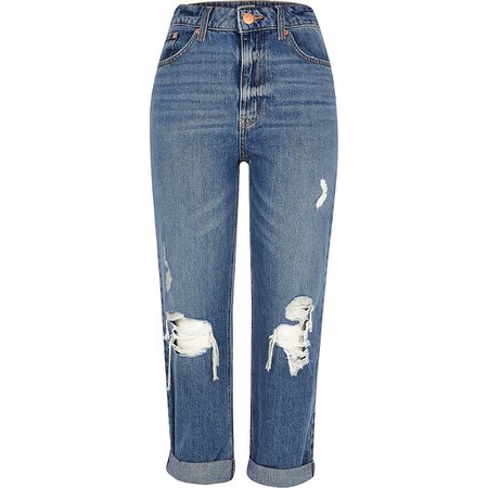 Authentic blue denim Mom ripped jeans | River Island