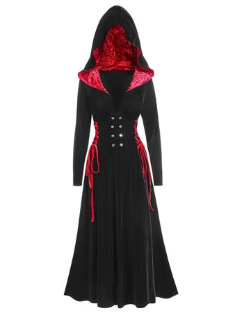 [31% OFF] Halloween Hooded Velvet Lace Up Long Gothic Coat | Rosegal
