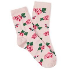FOREVER 21 Rose Printed Crew Socks ($2.50) ❤ liked on Polyvore featuring intimates, hosiery, socks, accessories, pink, forever 21 socks, crew length socks, pink socks, forever 21 and pink crew socks