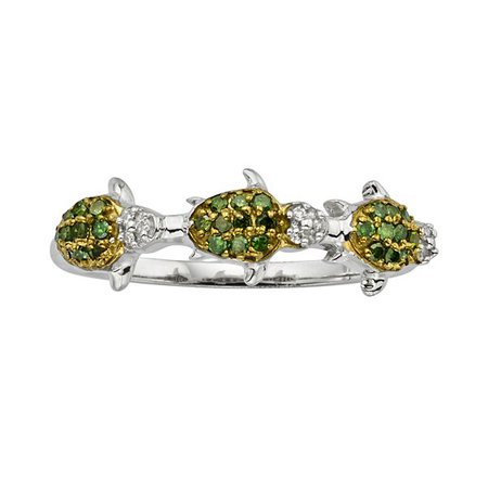 Sterling Silver Two-Tone 1/4-ct. T.W. Green and White Diamond Turtle Ring
