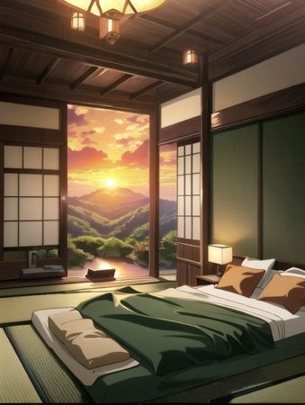 anime background mountain room sunest cozy