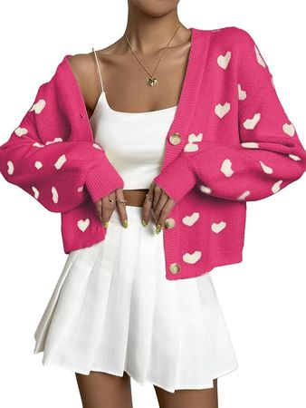 Women's Long Sleeve Button Front V Neck Knit Sweater Cardigan Coat Hot Pink S at Amazon Women’s Clothing store