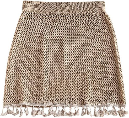 ZAFUL Women's Swimsuit Cover Up Crochet Sheer Short Beach Skirt with Tassels (A-Apricot, One Size) at Amazon Women’s Clothing store