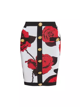 Shop Balmain Rose-Print Compact-Knit Pencil Skirt | Saks Fifth Avenue