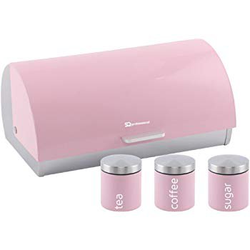 Roll Top Bread Bin and 3 Coffee, Tea and Sugar Canisters Set - Stainless Steel in 3 Fresh Colours - Light Blue, Pink or Mint Green (Pink): Amazon.co.uk: Kitchen & Home