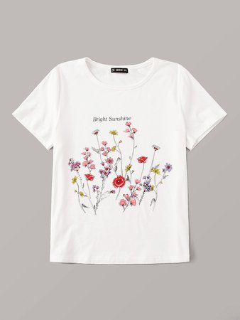 Slogan and Floral Print Tee | ROMWE