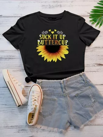 black Sunflower & Slogan Graphic Tee | SHEIN USA