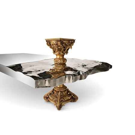 Modern New Era Coffee Table, Carved Wood with Fine Gold Leaf and Polished Inox