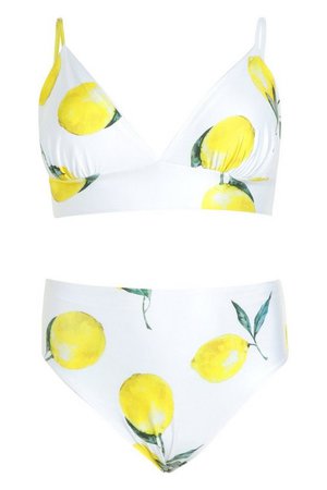 Plus Lemon Printed Triangle High Leg Bikini | Boohoo