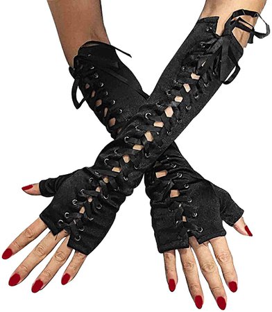 New Womens Long Sexy Steampunk Gothic Biker Lace-Up Corset Arm Fingerless Gloves at Amazon Women’s Clothing store