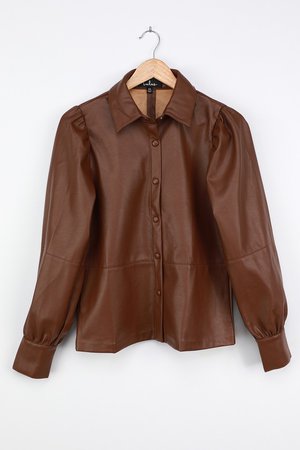 Brown Vegan Leather Top - Long Sleeve Top - Chic Button-Up Top - Lulus