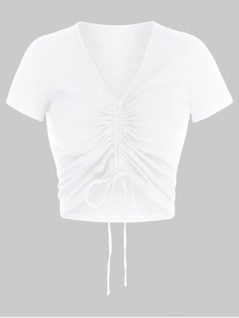 [41% OFF] [POPULAR] 2020 ZAFUL Cinched V Neck Crop T Shirt In WHITE | ZAFUL
