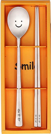Amazon.com | BAPMOO Korean Chopsticks and Spoon Set Combinations Long Handle Reusable Metal Stainless Steel Good for Gift Smile Face & Hangul Characters Engraved Silver: Flatware