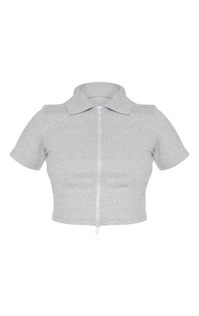 Grey Short Sleeve Jumbo Rib Collar Double Zip Top | PrettyLittleThing