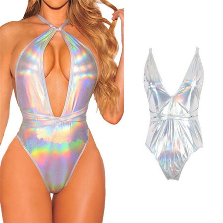 Women Holographic Bodysuit Jumpsuits Silver Rompers Multiway Playsuits