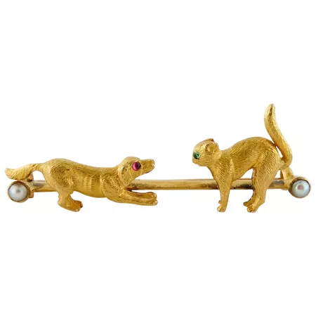Antique Victorian Cat and Dog Brooch