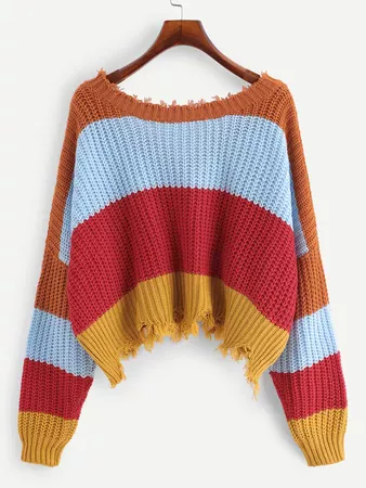 Color Block Raw Hem Sweater | SHEIN