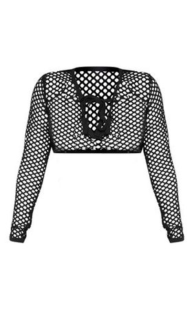 Shape Black Fishnet Tie Front Crop Top | PrettyLittleThing