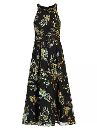 Shop Badgley Mischka Belted Floral Sequin Dress | Saks Fifth Avenue