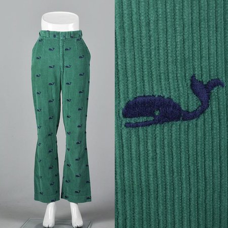 XS Green Corduroy Pants Blue Embroidered Whales Pockets Bell | Etsy