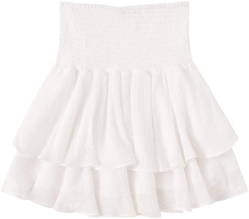 SheIn Women's Solid Shirred High Waist Layered Ruffle Hem Flared Mini Skirt White S : Clothing, Shoes & Jewelry