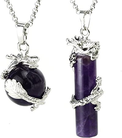 Amazon.com: BEADNOVA 2pcs Dragon Wrapped Round Ball Cylinder Natural Amethyst Gemstone Necklace Healing Couple Pendant Necklaces Set: Jewelry