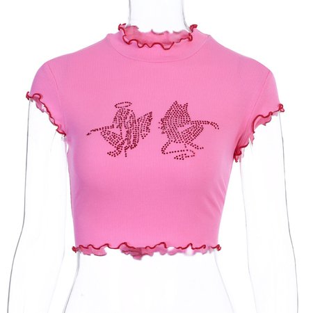 Y2K EGIRL Grunge Rhinestone Graphic Ribbed Ruffles Cropped Tops Punk Style Short Sleeve Hop Pink T shirts 90s Streetwear Party|T-Shirts| - AliExpress