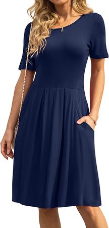 DouBCQ Women's Casual Short Sleeve Flowy Pleated Loose Dresses with Pockets (Navy, XL) at Amazon Women’s Clothing store