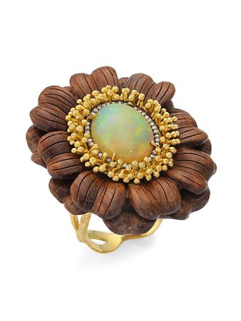 Silvia Furmanovich Marquetry 18K Yellow Gold, Opal & Light Brown Diamond Brown Flower Ring | SaksFifthAvenue