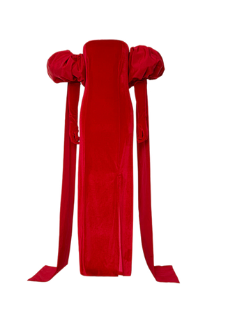 red formal dress floor length gowns gloves puff sleeves