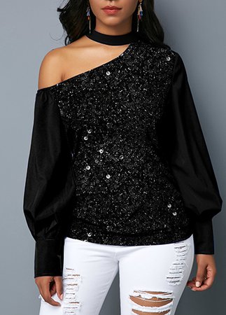 Cutout Shoulder Sequin Embellished Black Blouse | Rotita.com - USD $25.76