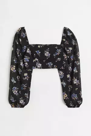 Puff-sleeved Crop Top - Black/small flowers - Ladies | H&M CA