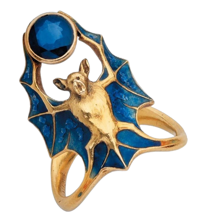 Gold, enamel, and sapphire bat ring by René Lalique, circa 1901.