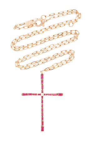 18K Rose Gold Baguette Ruby with Diamond Center Cross Necklace by Shay | Moda Operandi