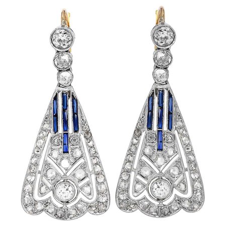 Vintage Rose Cut Diamond Sapphire Platinum 18K Gold Filigree Dangle Earrings For Sale at 1stDibs