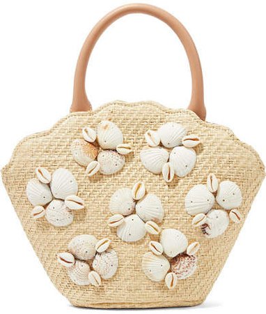 Aria Leather-trimmed Shell-embellished Woven Straw Tote - Beige