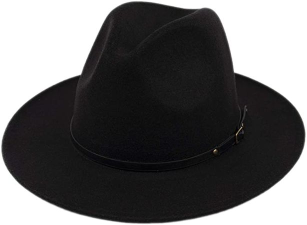 Lanzom Womens Classic Wide Brim Floppy Panama Hat Belt Buckle Wool Fedora Hat (One Size, Black) at Amazon Women’s Clothing store