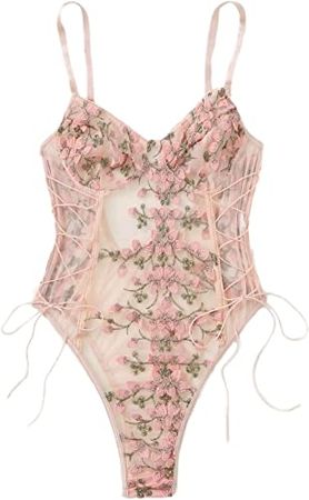 Amazon.com: Lilosy Women Sexy Lace Up Floral Embroidered Teddy Babydoll Lingerie Bodysuit Top Mesh Sheer One Piece See Through Pink Medium: Clothing, Shoes & Jewelry